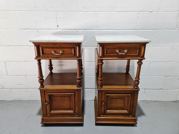 Pair of French Oak Marble Top Open Shelf Bedside Cabinets