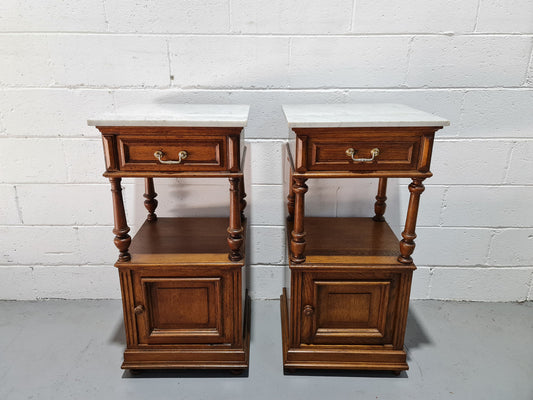 Pair of French Oak Marble Top Open Shelf Bedside Cabinets