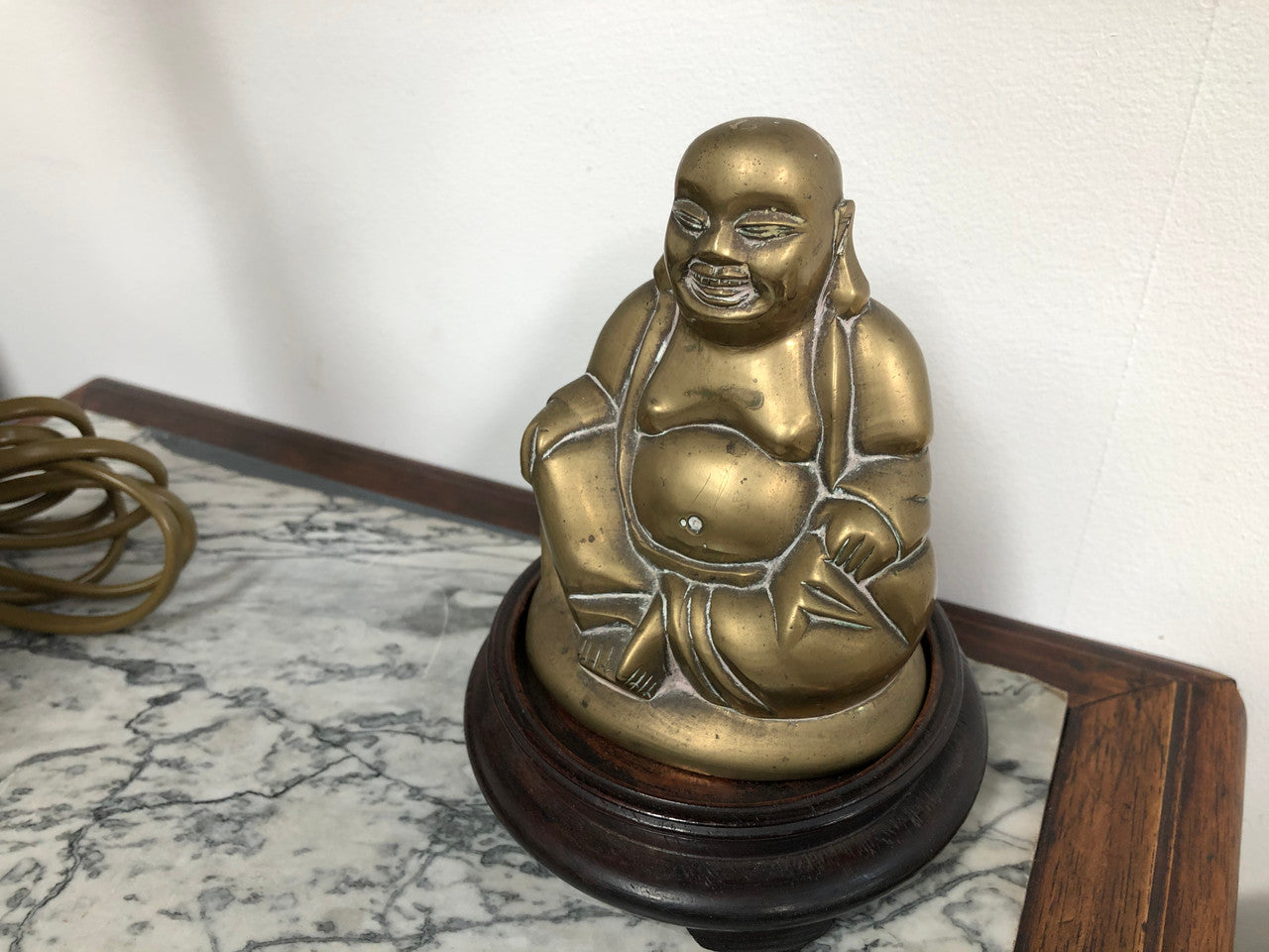 Antique Brass Chinese Buddha On Wooden Stand