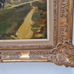 Sourced in France is this beautiful oil on canvas of a country cottage scene in a ornate decorative frame and in good original condition.