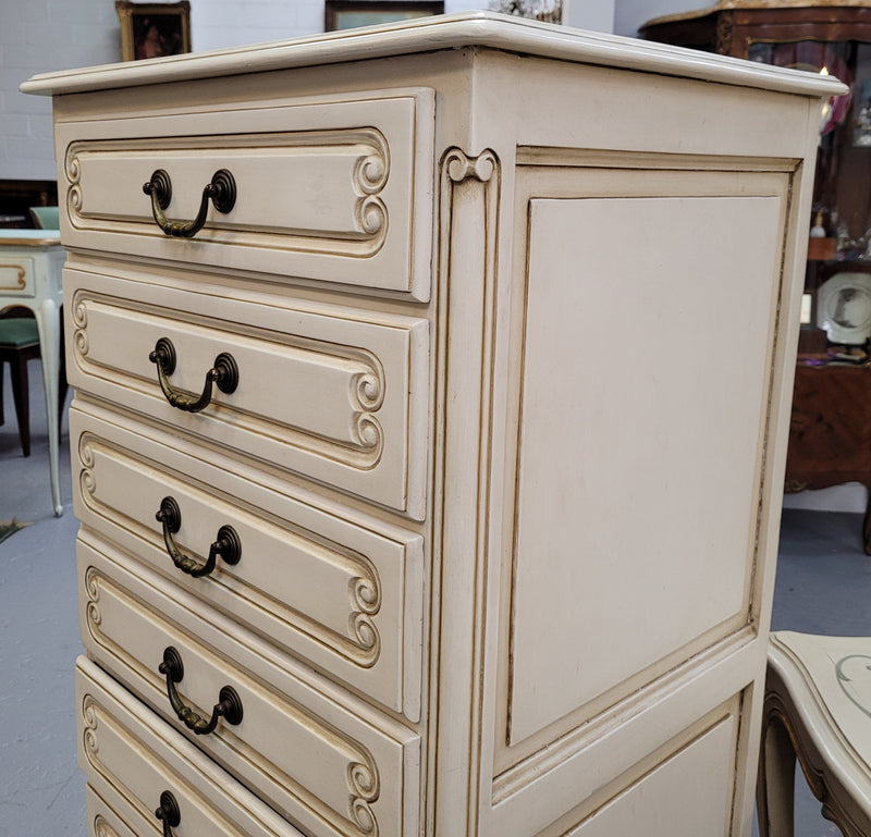 Vintage French Louis 15th Style original painted seven drawer semainier of pleasing narrow proportions with panelled sides. They have been sourced from France and are in good original condition.