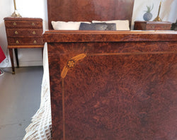 French Art Deco Bedroom Suite Consisting of Queen Size Bed & Bedsides In Amboyna Wood | Antique & Vintage | Moonee Ponds Antiques | Australia Wide Delivery