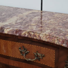 Walnut Louis XV style marble top abbattant with beautiful parquetry inlay and ormolu mounts. It has plenty of storage space with four large drawers and four smaller internal drawers. Beautiful drop down desk with a leather insert. In very good original detailed condition.