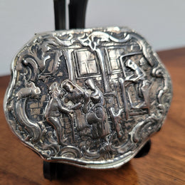 French 18th Century Silver Snuff Box. Rubbed Hallmarks. Fantastic embossed scene to lid, great patina.