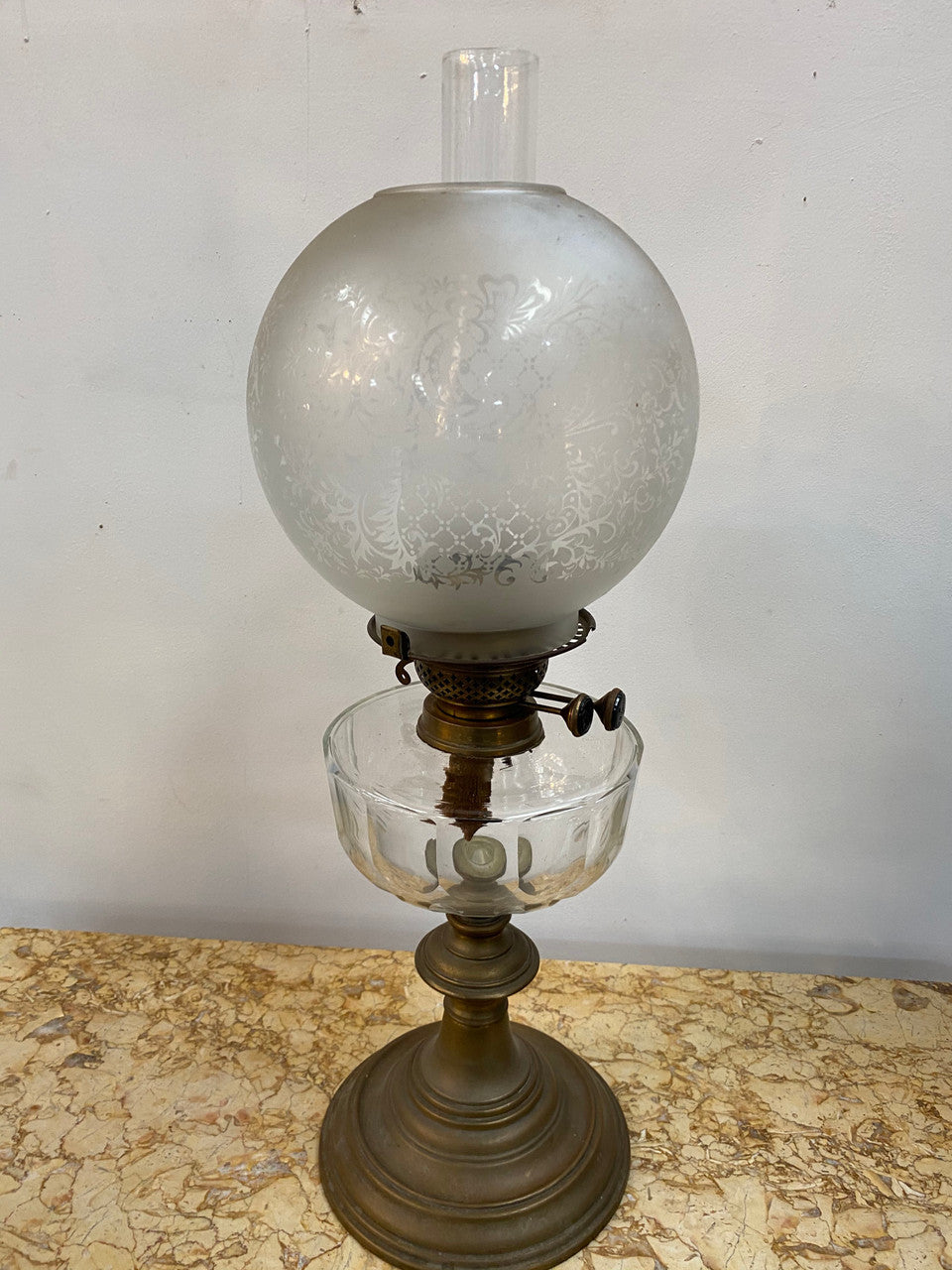 Victorian brass & clear cut glass kero lamp with frosted shade. Circa 1880's.