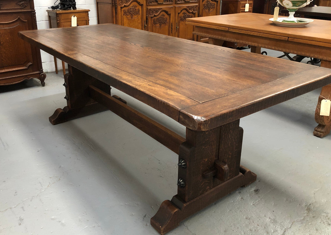 French Oak stretcher base Farmhouse dining table. In good original detailed condition.