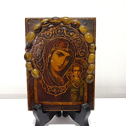 Unique hand painted Russian icon with tiger eye decoration. It is in good original condition. Please view photos as they help form part of the description.