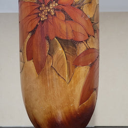 Antique Pokerwork timber vase with floral design. In good condition with signs of wear, please view photos as they help form part of the description.