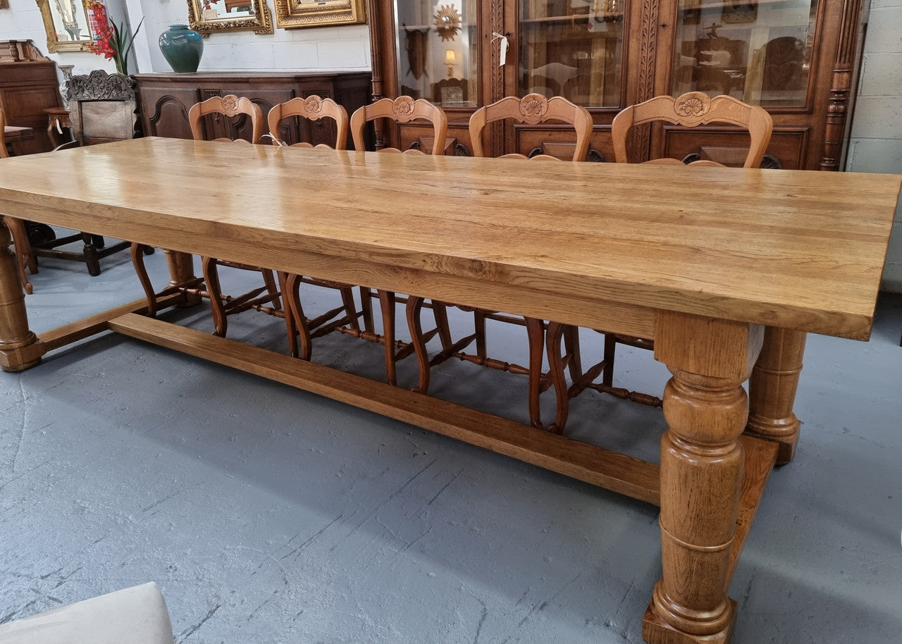 3 Meter Bespoke Oak Stretcher Base Farmhouse Dining Table | Antique & Vintage | Moonee Ponds Antiques | Australia Wide Delivery