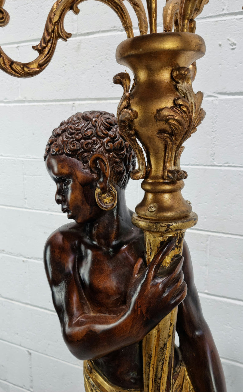 19th century wooden Italian Blackamoor floor lamp, with six-arm candelabra. Beautifully painted with gesso, gilt and in good original condition. Re-wired to Australian safety standards and ready to use.