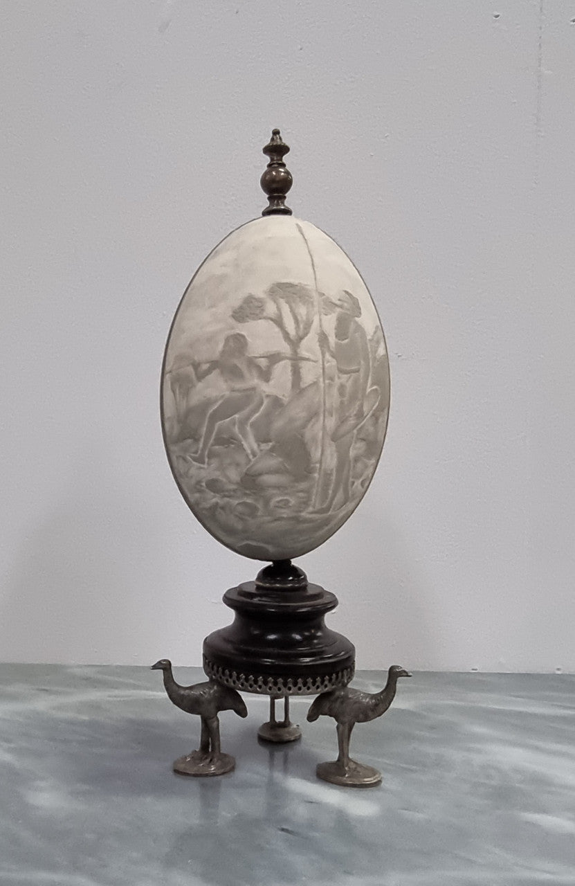 Superbly Carved Emu Egg On a Metal & Ebony Base | Antique & Vintage | Moonee Ponds Antiques | Australia Wide Delivery