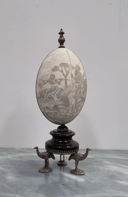 Superbly Carved Emu Egg On a Metal & Ebony Base | Antique & Vintage | Moonee Ponds Antiques | Australia Wide Delivery