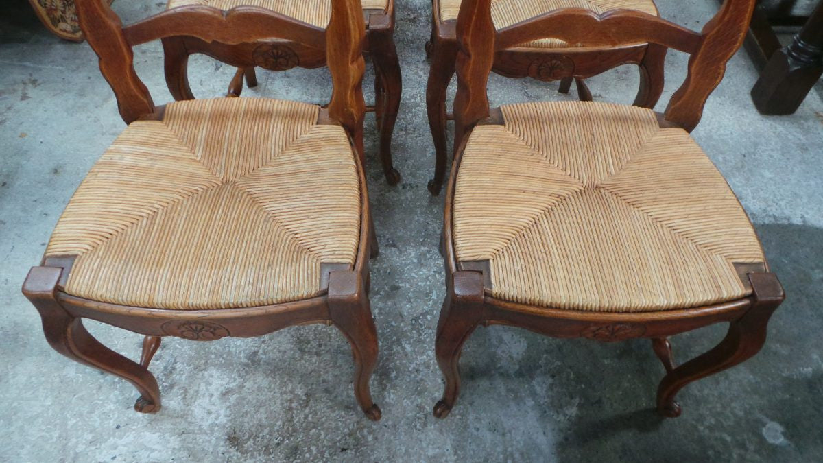 Fantastic Set Of Eight French Oak Carved Dining Chairs