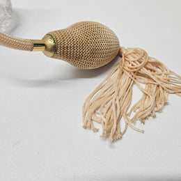Pretty decorative Fuchsia pattern crystal perfume bottle. Produced by STUART. A bulb shape with atomiser in good working condition.