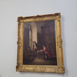 An engaging gilt framed signed oil on canvas of a "French Interior Scene". It has been sourced from France and is in good original detailed condition.