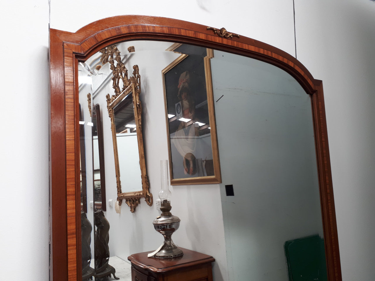 French Inlaid Walnut Free Standing Bevelled Edge Mirror