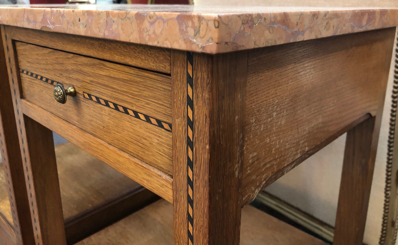 Beautiful Pair of French Oak Inlaid Marble Top Bedside Cabinets | Antique & Vintage | Moonee Ponds Antiques | Australia Wide Delivery