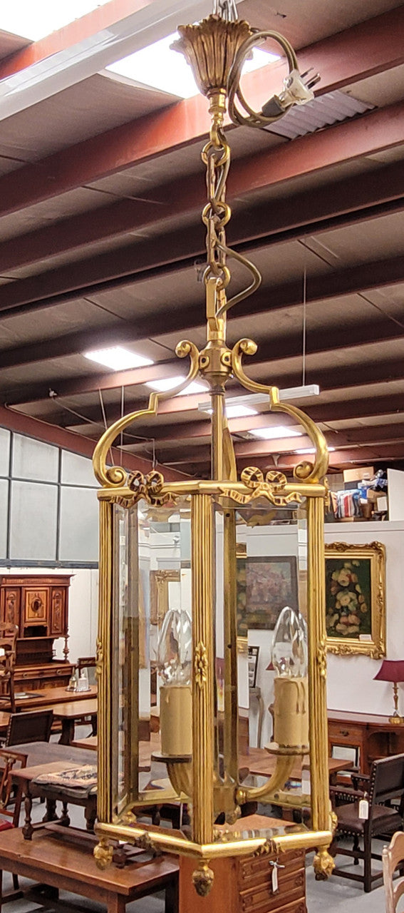 Charming three globe French bronze hexagonal ceiling light with beveled glass. Fully rewired to Australian standards and has been sourced from France. In good original condition.