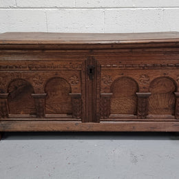 Fabulous carved French oak Antique Coffer / Chest with a lift up lid and loads of beautiful character in good original detailed condition.