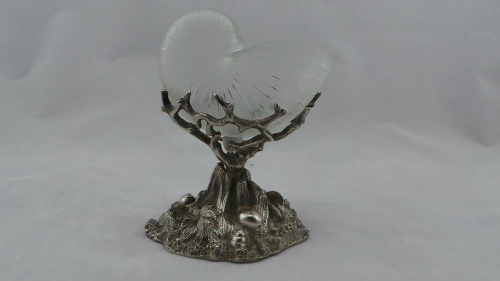 Victorian Etched Shell Glass Salts on Silver Stand