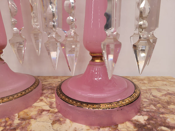 Large Victorian pink glass an gilt trim crystals lusters. It is in good original condition, please view photos as they help form part of the description.