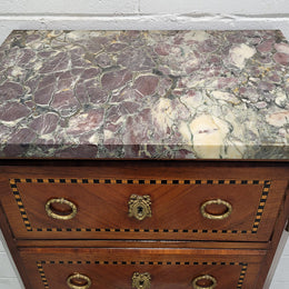 Louis XIV style tall chest of five drawers with stunning marble top. It is of small proportions and has very nice mounts and handles. In good original detailed condition.