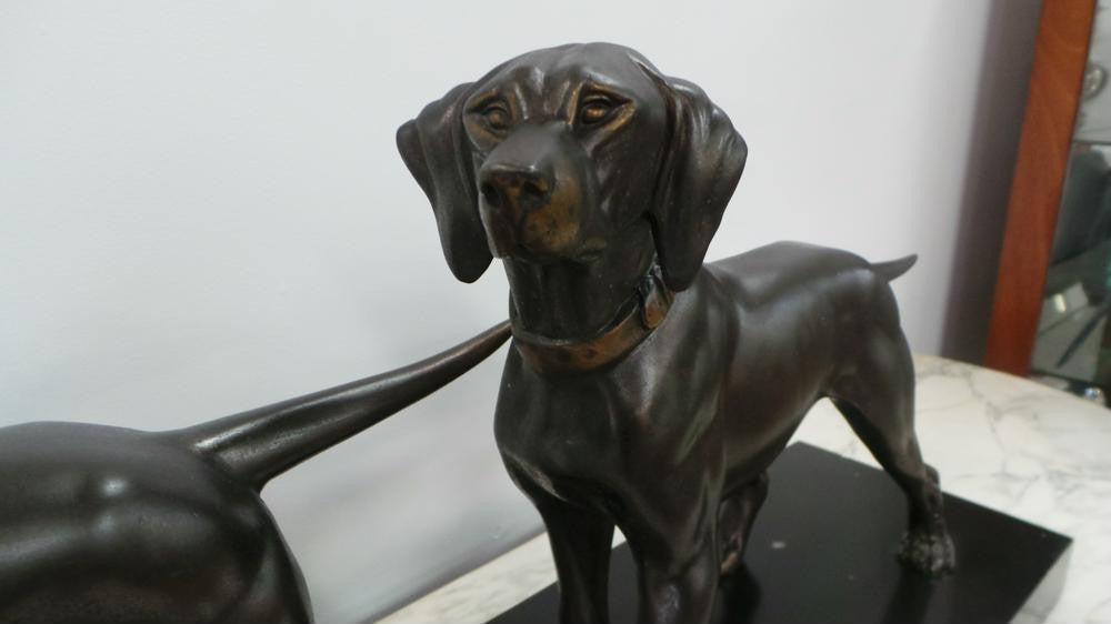 Art Deco Bronzed Spelter Statue Of Two Dogs