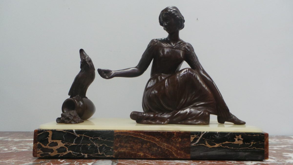 Art Deco Bronze Statue Of A Lady And Parrot On A Marble Base