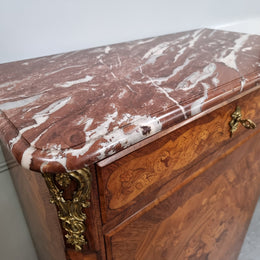 Elegant French transitional style Walnut & Kingwood Salon cabinet. It has beautiful marquetry inlay, a marble top and decorative ormolu mounts. Sourced From France and is in good original detailed condition.