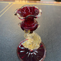Murano/Venetian ruby, clear & gilt glass aventurine vase with fish decoration.