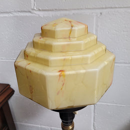 Stunning Art Deco Brass Copper Table Lamp With Beautiful Stepped Glass Shade