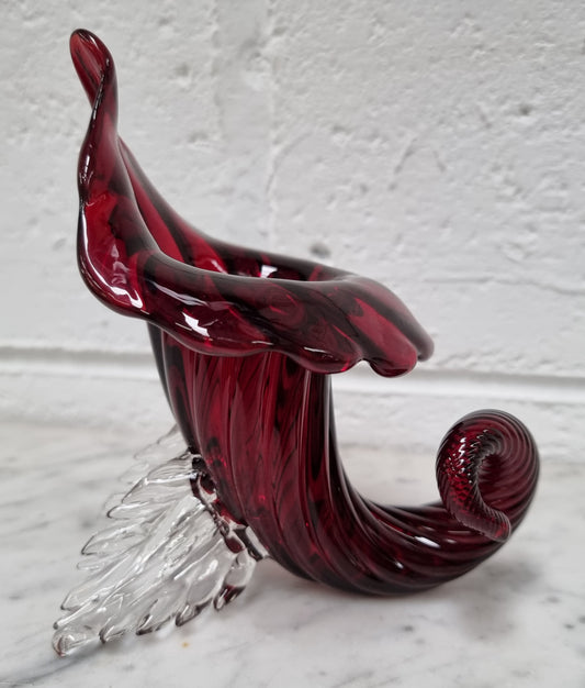 Vintage Ruby Red Murano Glass Cornucopia.