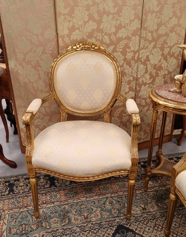 French Louis XVI style salon lounge suite with amazing like new upholstery. In good original condition and with like new fabric upholstery with very little sign of use. Please request more photos if required as they help form part of the description.