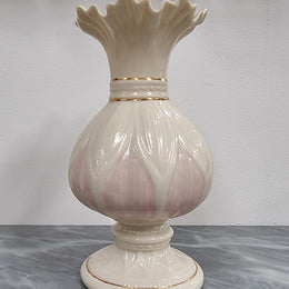 Vintage Belleek porcelain vase lotus blossom gold pink. It is in good original condition with no chips or cracks and has been sourced locally.