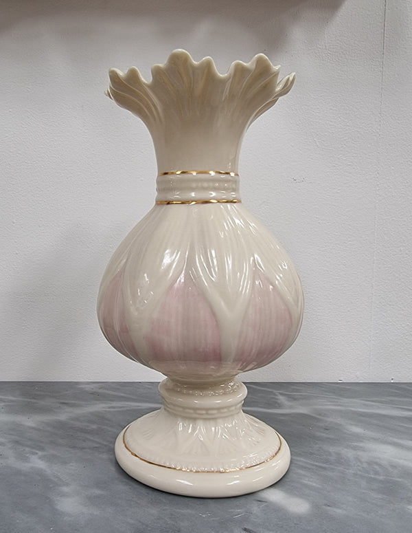 Vintage Belleek porcelain vase lotus blossom gold pink. It is in good original condition with no chips or cracks and has been sourced locally.