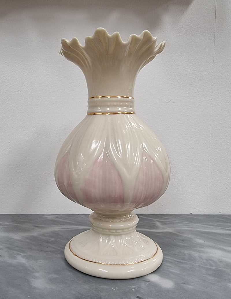 Vintage Belleek porcelain vase lotus blossom gold pink. It is in good original condition with no chips or cracks and has been sourced locally.