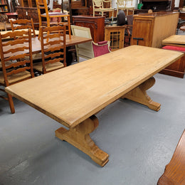 Stunning French Oak Farmhouse table with two extension leaves. When fully extended the table measures to a massive 339.5 cm long. Sourced from France and in good original detailed condition.