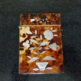 Victorian Tortoiseshell Card Case Inlaid With Floral Panels of Mother Of Pearl
