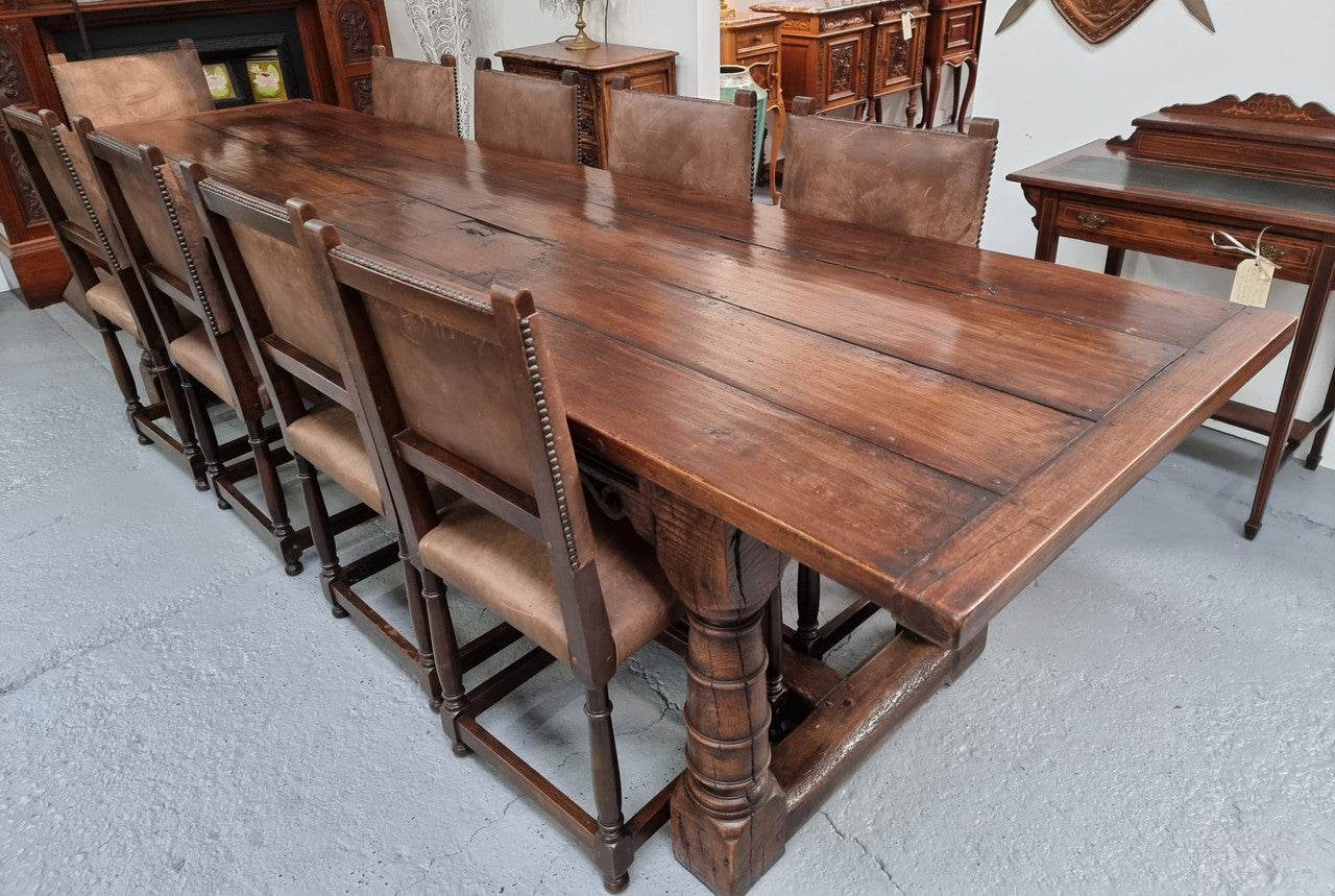Amazing 3 Meter Dark Oak Farmhouse Dining Table With Set of 10 Leather Chairs | Antique & Vintage | Moonee Ponds Antiques | Australia Wide Delivery