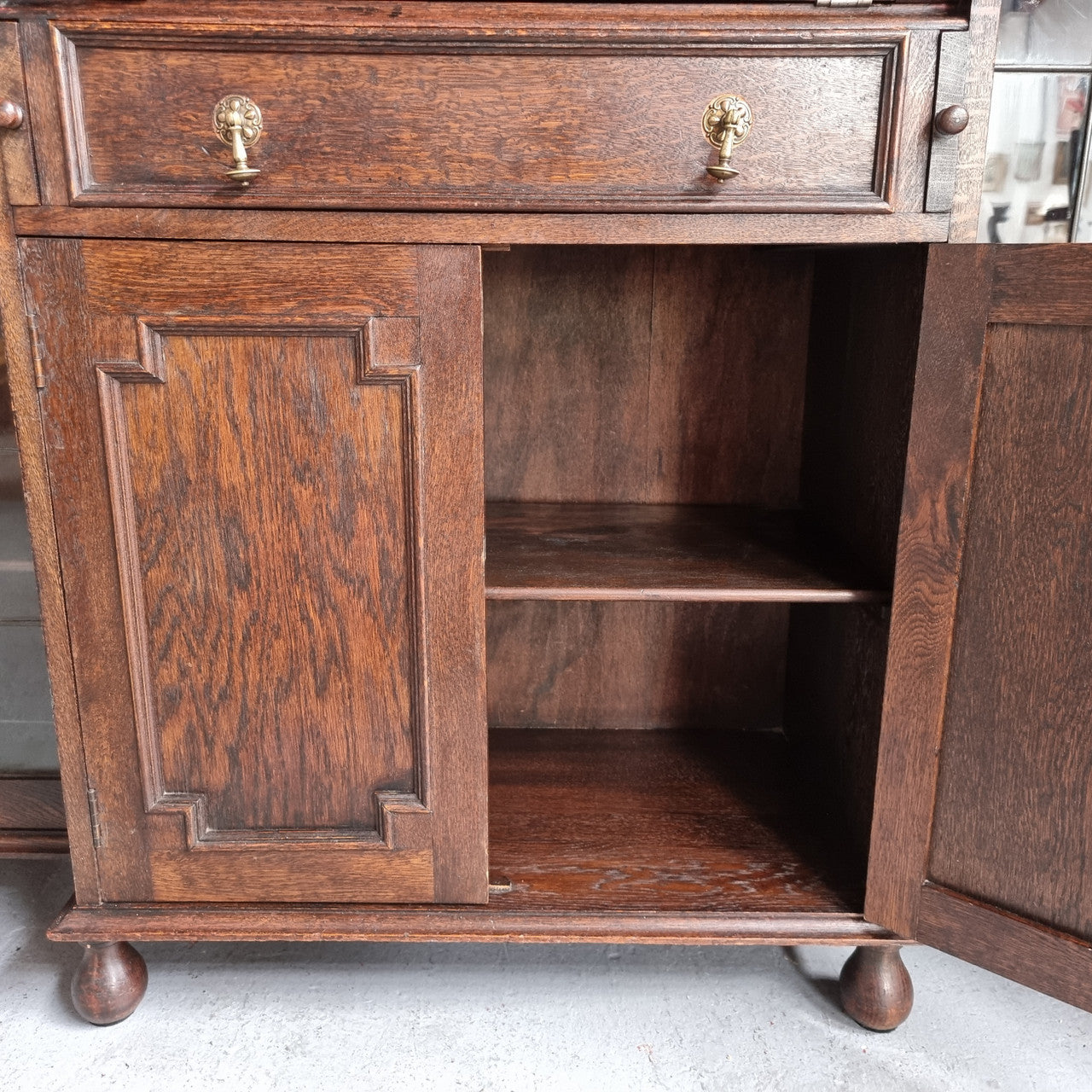 Oak Tudor Style Secretaire Bookcase With Leadlight Doors