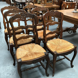 Lovely Set Of Six French Oak Rush Seat Dining Chairs