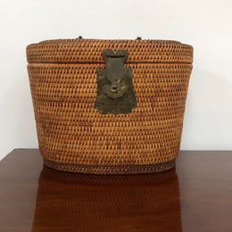Beautiful Antique Cane Basket With Metal Handles & Latch