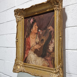 Stunning signed French oil on canvas of "The Serenade". In original gilt frame and is in good original condition.