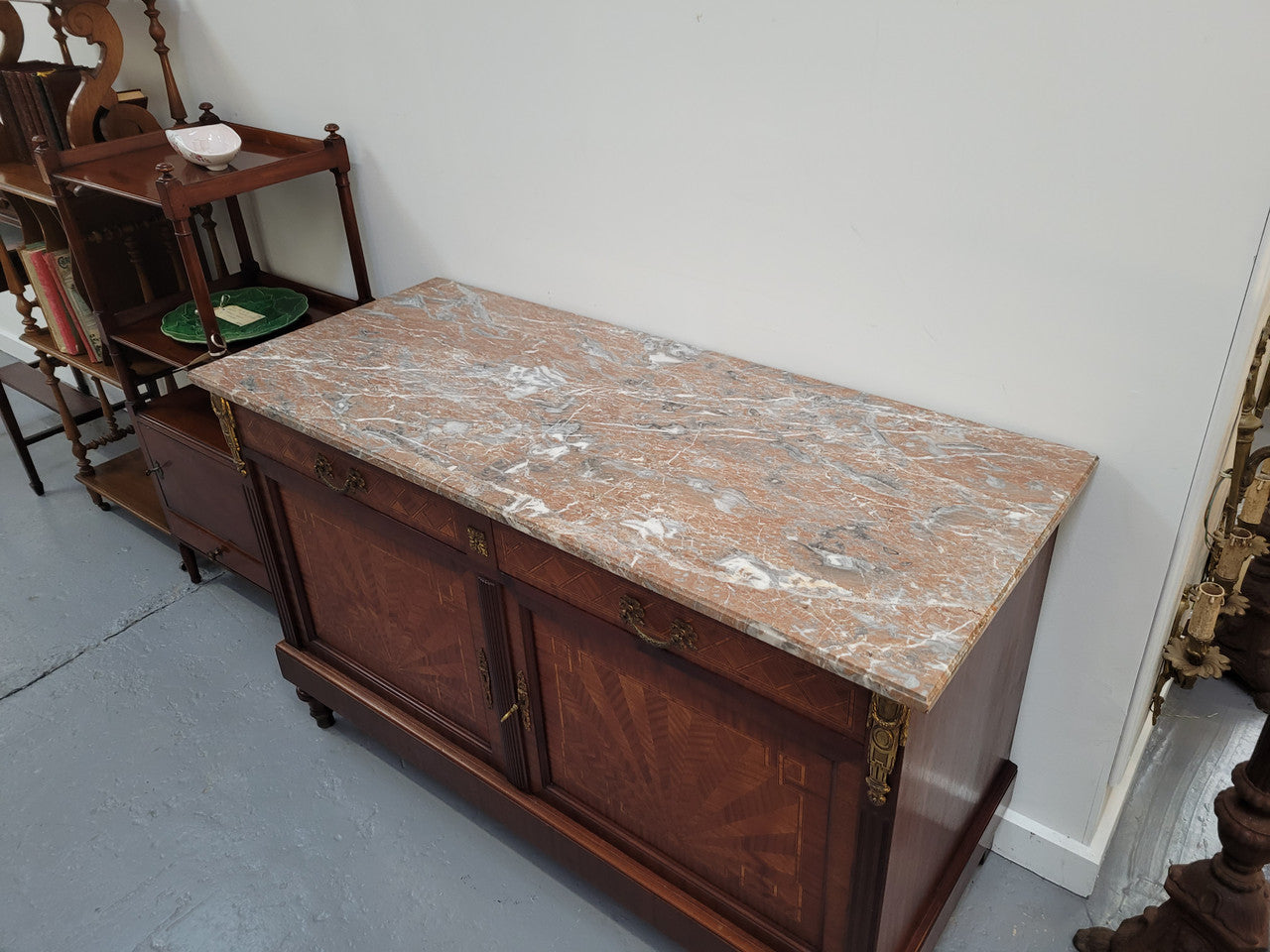 Louis 16th Style Mahogany Marble Top Cupboard With Marquetry Inlay | Antique & Vintage | Moonee Ponds Antiques | Australia Wide Delivery
