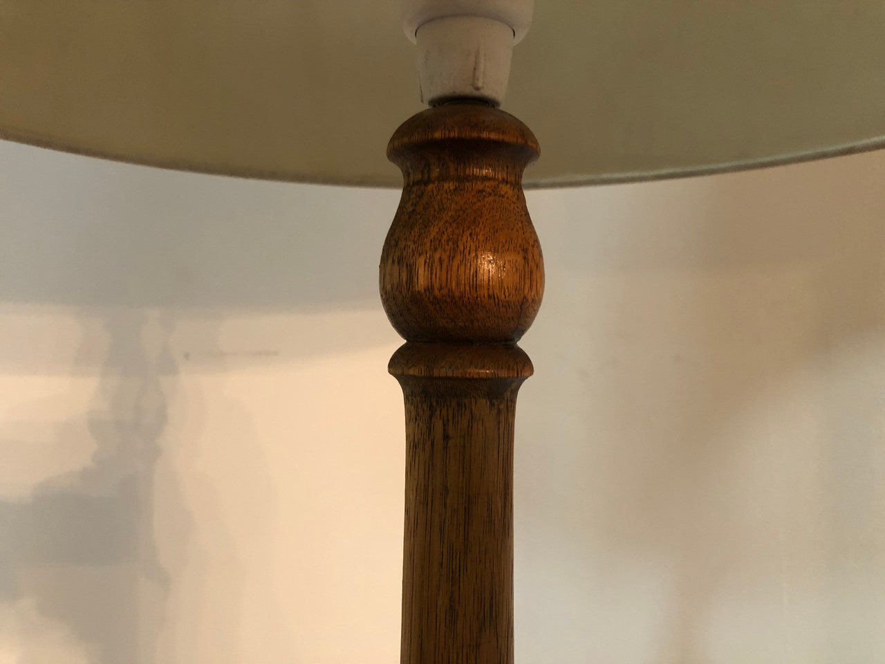 Tudor style Oak standard lamp, rewired and with foot switch. In good original condition.