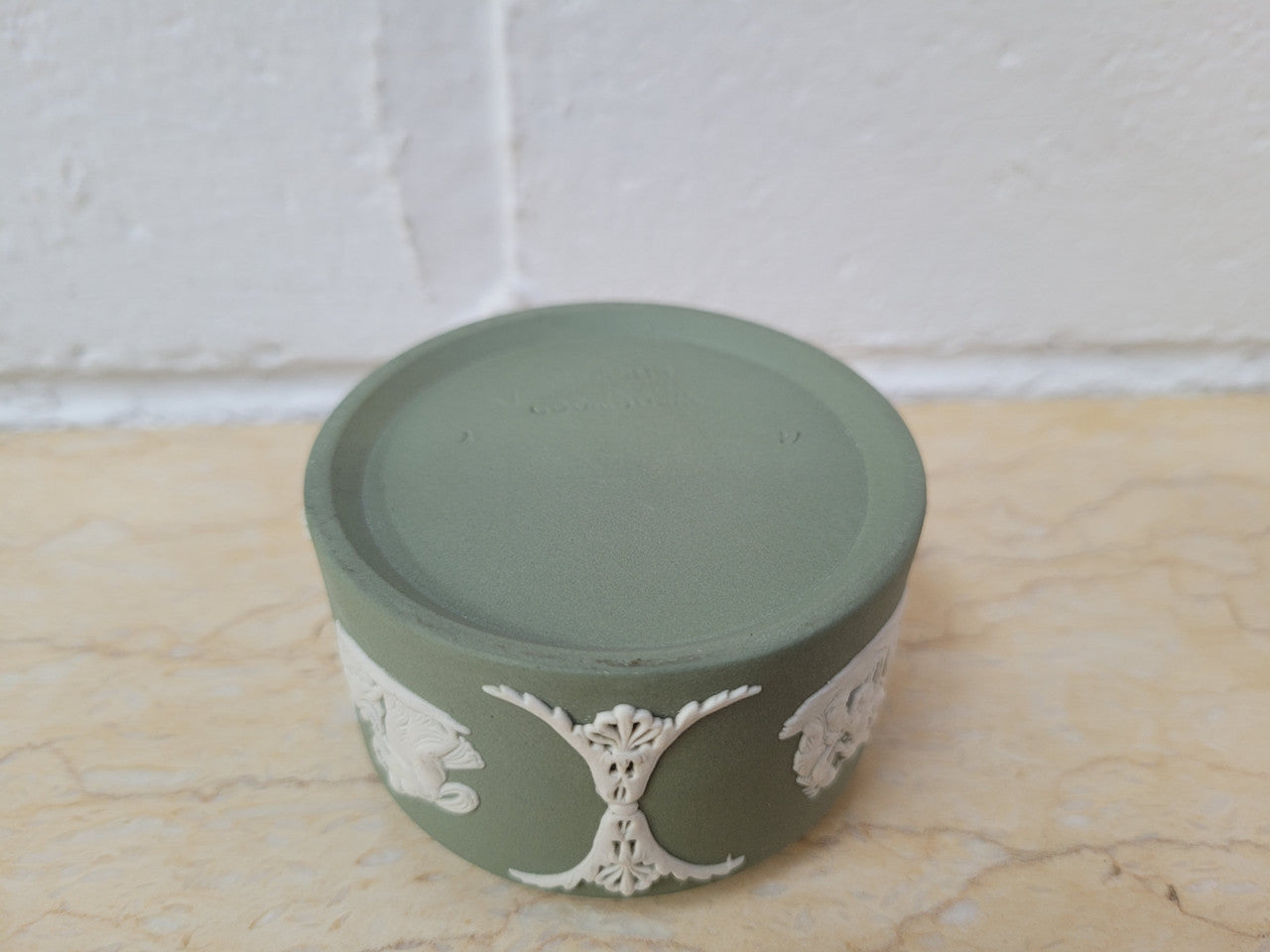 For Sale At Moonee Ponds Antiques Vintage classical design green jasper “Wedgwood” round lidded trinket box. In good condition please view photos as they help form part of the description.