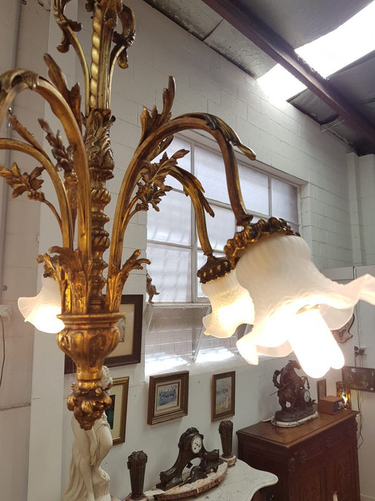 Beautiful 19th-century French gilt bronze chandelier, with five arms and frosted floral shades. Has been rewired to Australian safety standards and in good original condition.