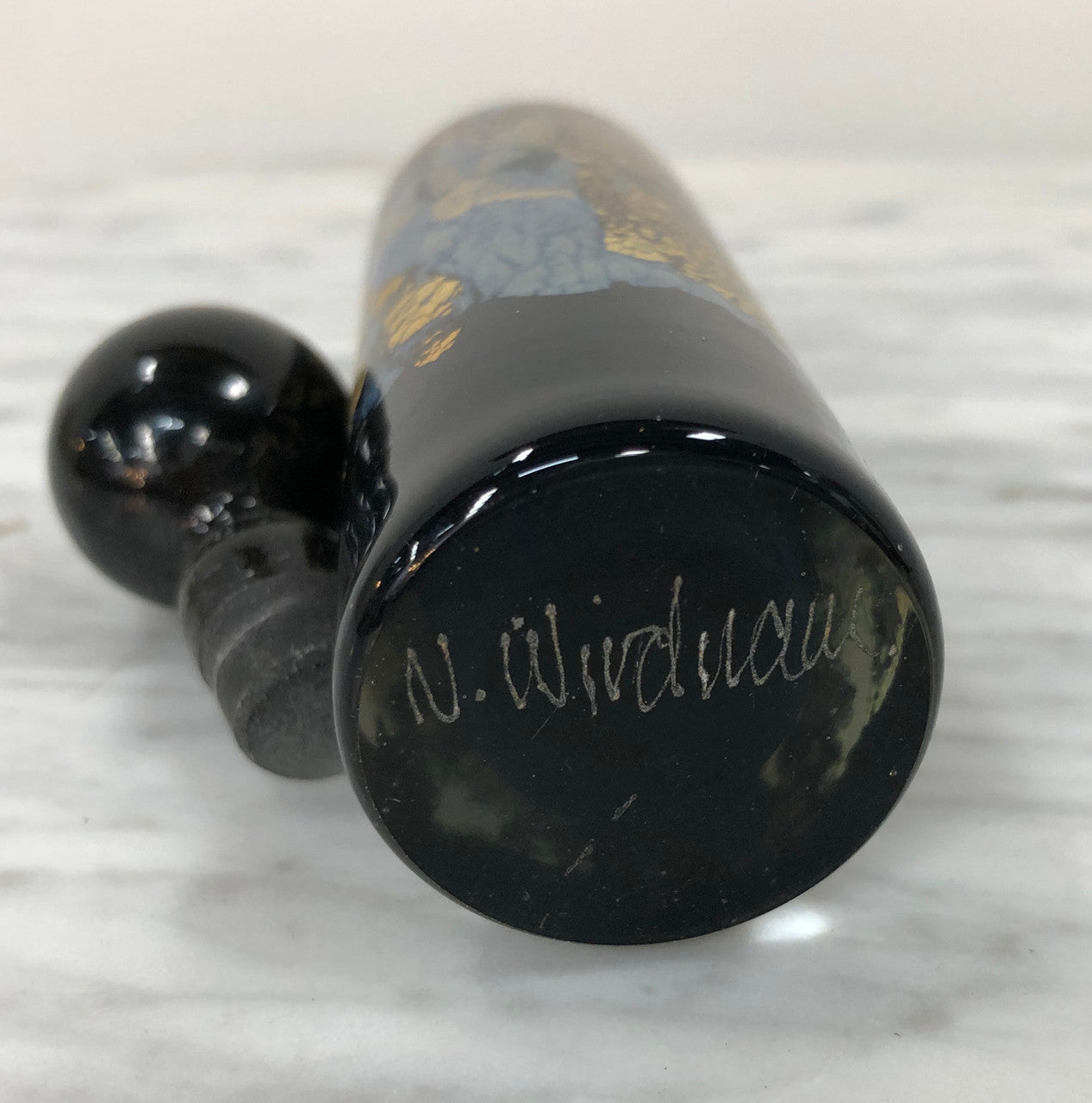 Nick Wirdnam Long Black & Gold Art Glass Scent Bottle | Antique & Vintage | Moonee Ponds Antiques | Australia Wide