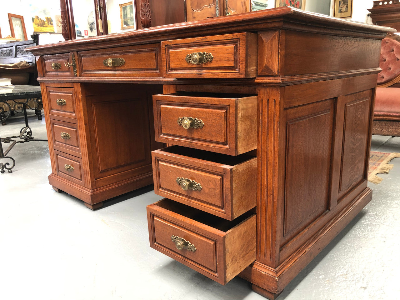 Antique french oak partners desk with plenty of drawers and cupboards and has an inbuilt Chubb Safe with keys. In very good condition.
