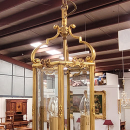 Charming three globe French bronze hexagonal ceiling light with beveled glass. Fully rewired to Australian standards and has been sourced from France. In good original condition.